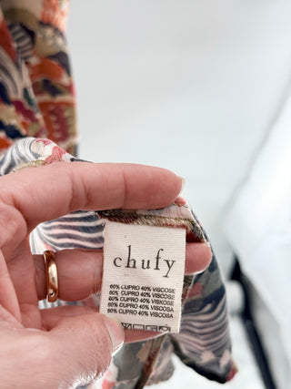 Chufy Jimmy Abstract Printed Button-Front Maxi Sundress Blue Pink Womens Small