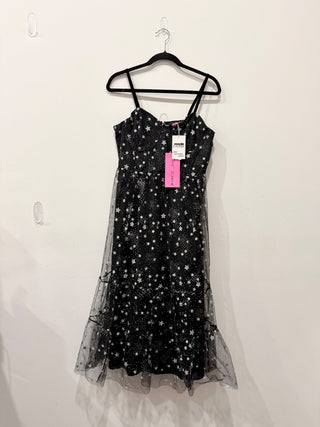 NWT Betsey Johnson Rainbow Star Mesh A-Line Midi Dress Black Women's Size 12