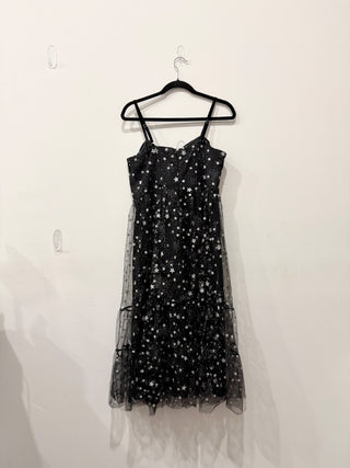 NWT Betsey Johnson Rainbow Star Mesh A-Line Midi Dress Black Women's Size 12