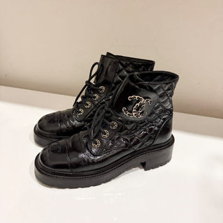 CHANEL Shiny Calfskin Quilted Lace Up Combat Boots with Metal Logo Black EU 37