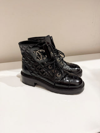 CHANEL Shiny Calfskin Quilted Lace Up Combat Boots with Metal Logo Black EU 37