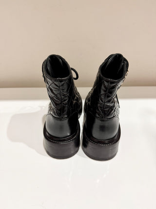 CHANEL Shiny Calfskin Quilted Lace Up Combat Boots with Metal Logo Black EU 37