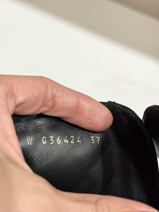 CHANEL Shiny Calfskin Quilted Lace Up Combat Boots with Metal Logo Black EU 37