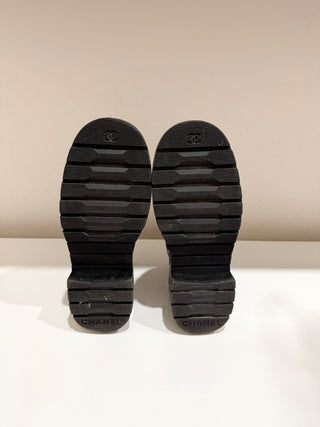 CHANEL Shiny Calfskin Quilted Lace Up Combat Boots with Metal Logo Black EU 37