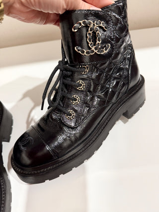 CHANEL Shiny Calfskin Quilted Lace Up Combat Boots with Metal Logo Black EU 37