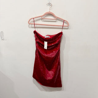 NWT Guizio Embellished Sequins Strapless Ruched Mini Dress Candy Apple Women's XS