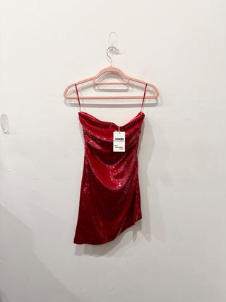 NWT Guizio Embellished Sequins Strapless Ruched Mini Dress Candy Apple Women's XS