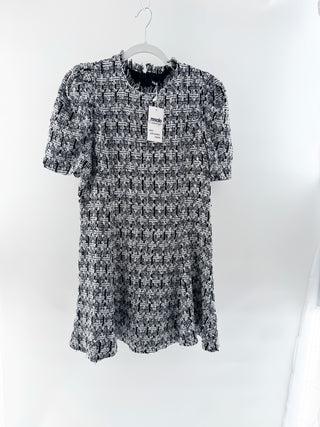 INA Short Sleeve Round Neck Tweed A-Line Mini Dress Black White Women's Large