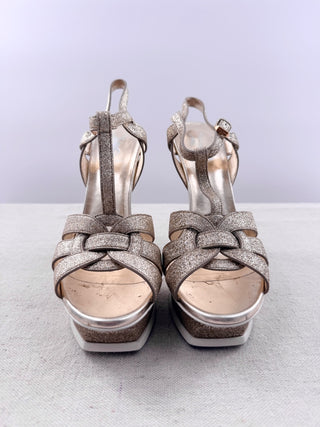 Saint Laurent Metallic Leather Tribute Platform Sandals Gold Women's Size EU 41
