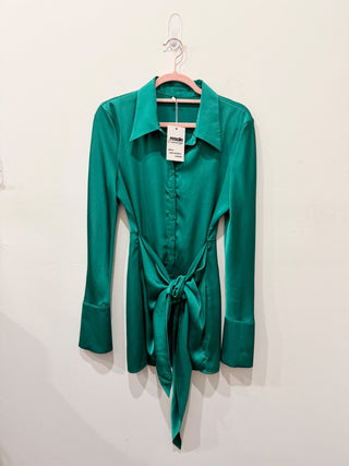 Rat & Boa Long Sleeve Satin Mini Wrap Shirt Dress Emerald Green Womens Size XS/S