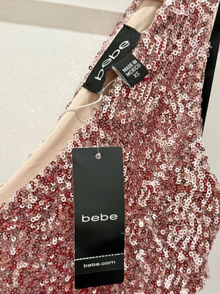 NWT Bebe Night On The Town Sequin Cutout Bodycon Mini Dress Light Pink Womens XS