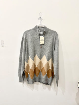 Brunello Cucinelli Wool-Cashmere Argyle Half Zip Oversized Sweater Gray Men's 56