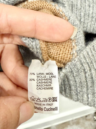 Brunello Cucinelli Wool-Cashmere Argyle Half Zip Oversized Sweater Gray Men's 56