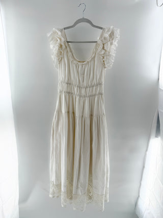 Ulla Johnson Ruffle Trim Embroidered Hem A-line Midi Dress Cream Women's Size 6