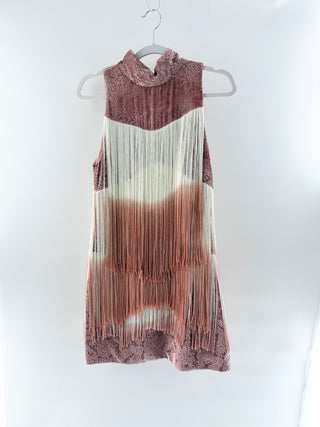 Alexis velvet textured mini dress with beaded tassels, S