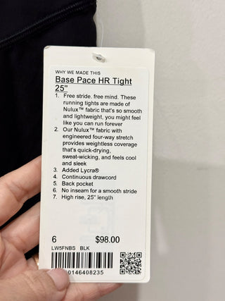 Lululemon base pace HR tight 25'' legings, 6
