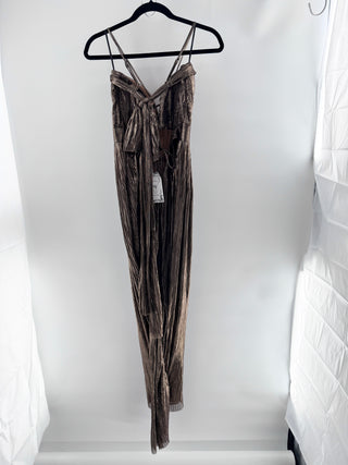 NWT Miss Rosier Marise Draped Satin Corset Metallic Maxi Dress Brown Large
