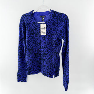 Aqua Leopard Print 100% Cashmere Crew Neck Knit Sweater Blue Black Womens Small