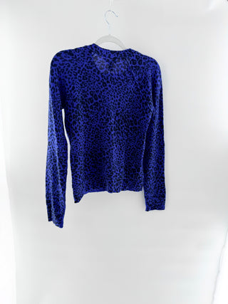 Aqua Leopard Print 100% Cashmere Crew Neck Knit Sweater Blue Black Womens Small