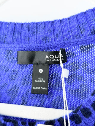 Aqua Leopard Print 100% Cashmere Crew Neck Knit Sweater Blue Black Womens Small
