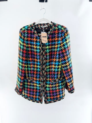Alice & Olivia tweed jacket featuring houndstooth-inspired weaving, frayed trim detailing, XL