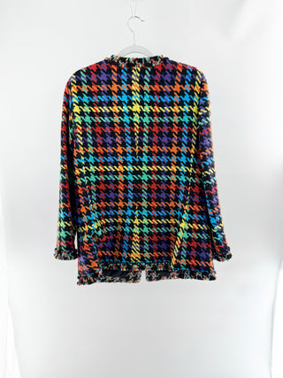 Alice & Olivia tweed jacket featuring houndstooth-inspired weaving, frayed trim detailing, XL