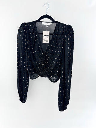 ASTR Puff Sleeve V-Neck Twist Front Semi-Sheer Blouse Top Black Gold Womens S