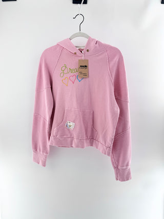 LoveShackFancy hoodie sweatshirt featuring "Dream" embroidery with heart detailing, kangaroo pocket, soft vintage-inspired fleece fabric, M