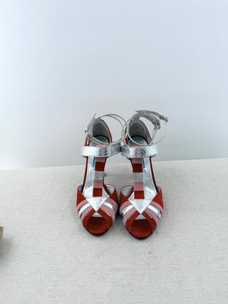 Prada mixed media strappy T bar sandals, 38.5