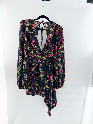 Katie May Sleepless Nights Floral Asymmetric Sash Mini Dress Black/Coral Women S