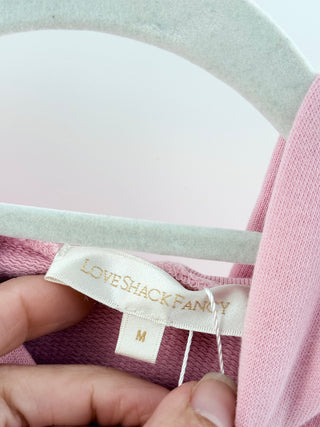 LoveShackFancy hoodie sweatshirt featuring "Dream" embroidery with heart detailing, kangaroo pocket, soft vintage-inspired fleece fabric, M