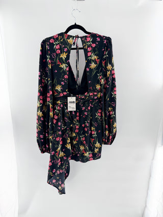 Katie May Sleepless Nights Floral Asymmetric Sash Mini Dress Black/Coral Women S
