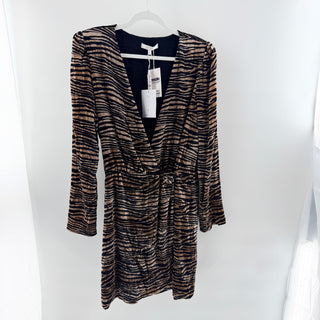 NWT WAYF Velvet Textured Zebra V-Neck Wrap Mini Dress Brown Black Womens Size XL