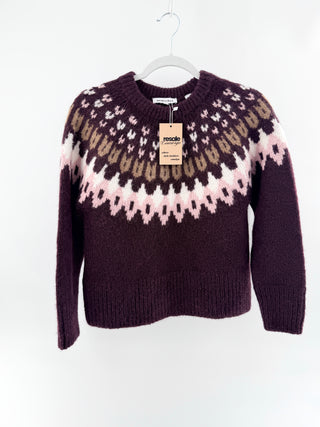 Veronica Beard fair isle knit sweater crafted from a soft alpaca and merino wool blend, features crew neckline, ribbed trim, S