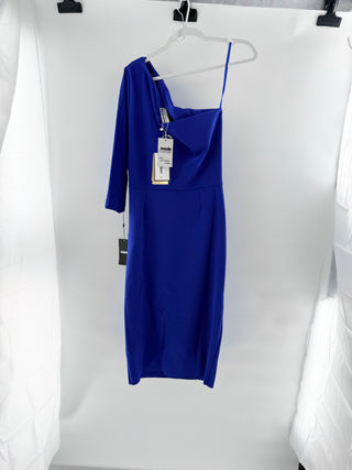 NWT Chiara Boni La Petite Robe Patty Asymmetrical Midi Pencil Dress Blue Size 12