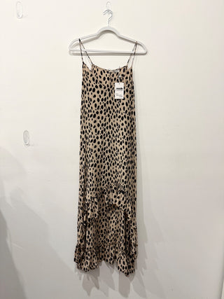 Thayer 100% Silk Leopard Print Sleeveless High-Low Dress Beige/Black Women's S