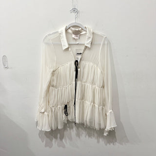 Cinq A Sept Ailee Chiffon Ruffle Long Sleeve Silk Blouse Cream/Black Women Large