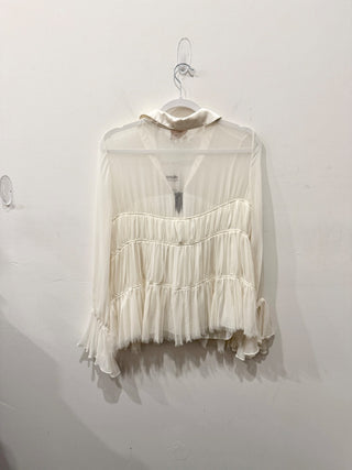 Cinq A Sept Ailee Chiffon Ruffle Long Sleeve Silk Blouse Cream/Black Women Large