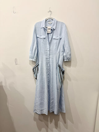 Gabriela Hearst Linen Maxi Shirt Dress with Crochet Pockets Light Blue 46 / 10