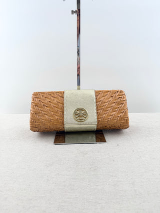 Tory Burch raffia and leather east west clutch bag