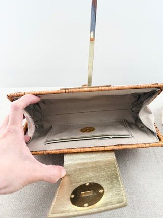 Tory Burch raffia and leather east west clutch bag