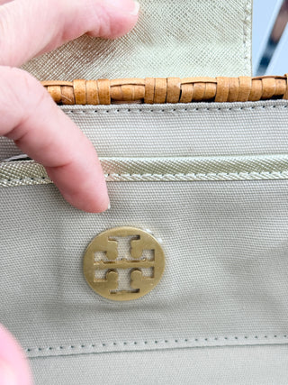 Tory Burch raffia and leather east west clutch bag