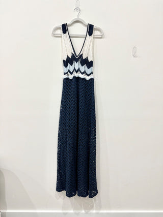 Agua Bendita blue white crochet maxi dress, S