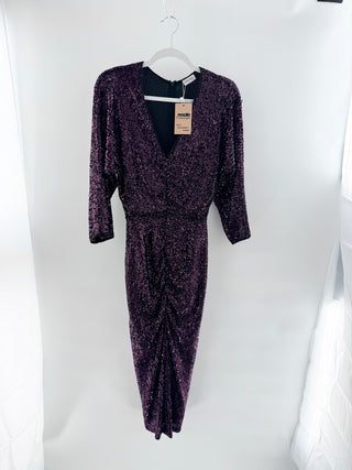 Iorane Embellished Sequin 3/4 Sleeve V-Neck Ruched Midi Dress Purple Women Small