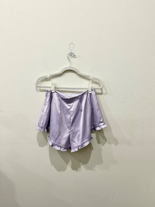 Majorelle Siren Satin Ruffle Trim High Waisted Pleated Shorts Powder Purple XS