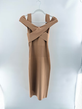 Tom Ford knit midi dress featuring folded neckline, wide shoulder straps, body-contouring stretch knit, xs