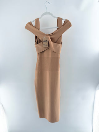 Tom Ford knit midi dress featuring folded neckline, wide shoulder straps, body-contouring stretch knit, xs