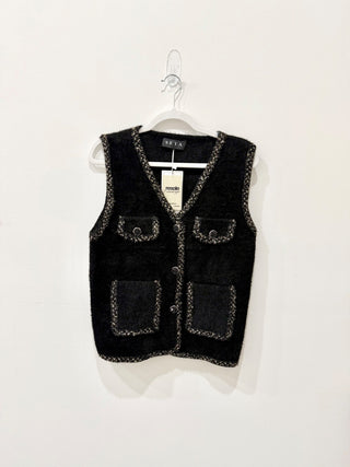 NWT Seta Embroidered Gold V-Neck Button Front Foam Vest Black Women's One size