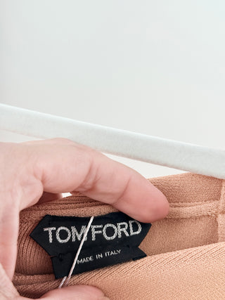 Tom Ford knit midi dress featuring folded neckline, wide shoulder straps, body-contouring stretch knit, xs