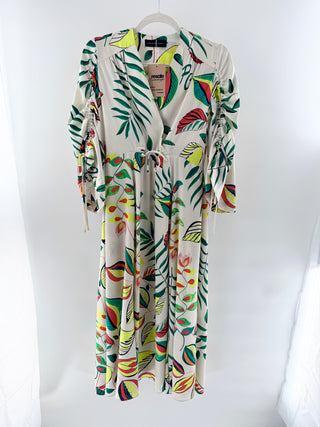 Purificacion Garcia Satin Tropical Print Ruched Sleeve Shirt Midi Dress Cream S